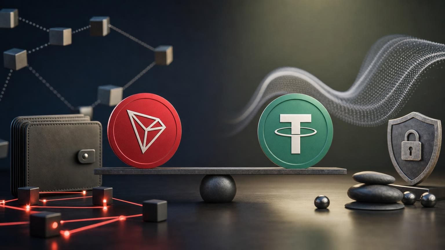 Comparação visual entre TRX e USDT TRC-20 na rede TRON, com carteira digital, endereço de destino e verificação dos dados da troca
